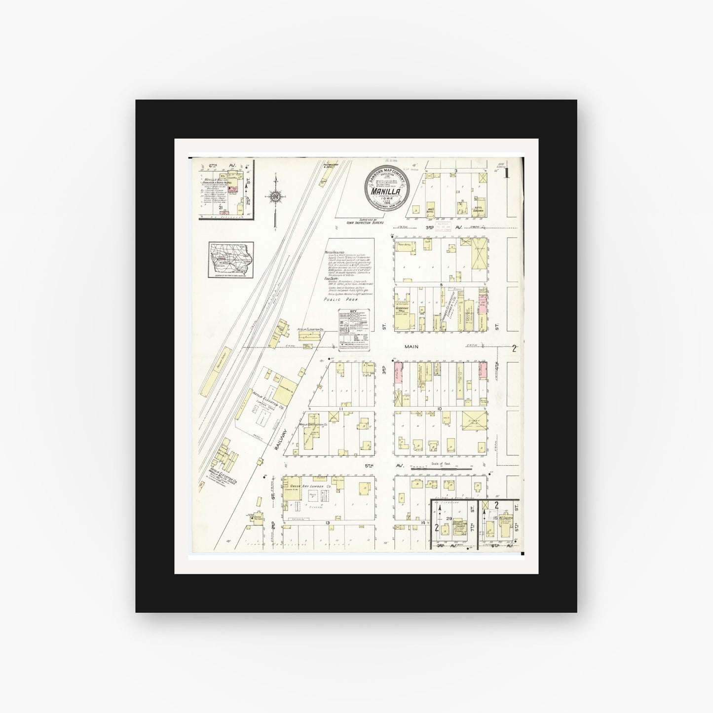 Old map wall art mockup — black gallery frame with white mat — Sanborn Fire Insurance Map from Manilla, Crawford County, Iowa (1914) â€” Complete Set