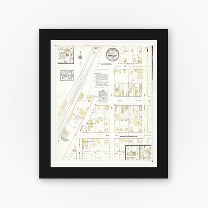 Old map wall art mockup — black gallery frame with white mat — Sanborn Fire Insurance Map from Manilla, Crawford County, Iowa (1914) â€” Complete Set
