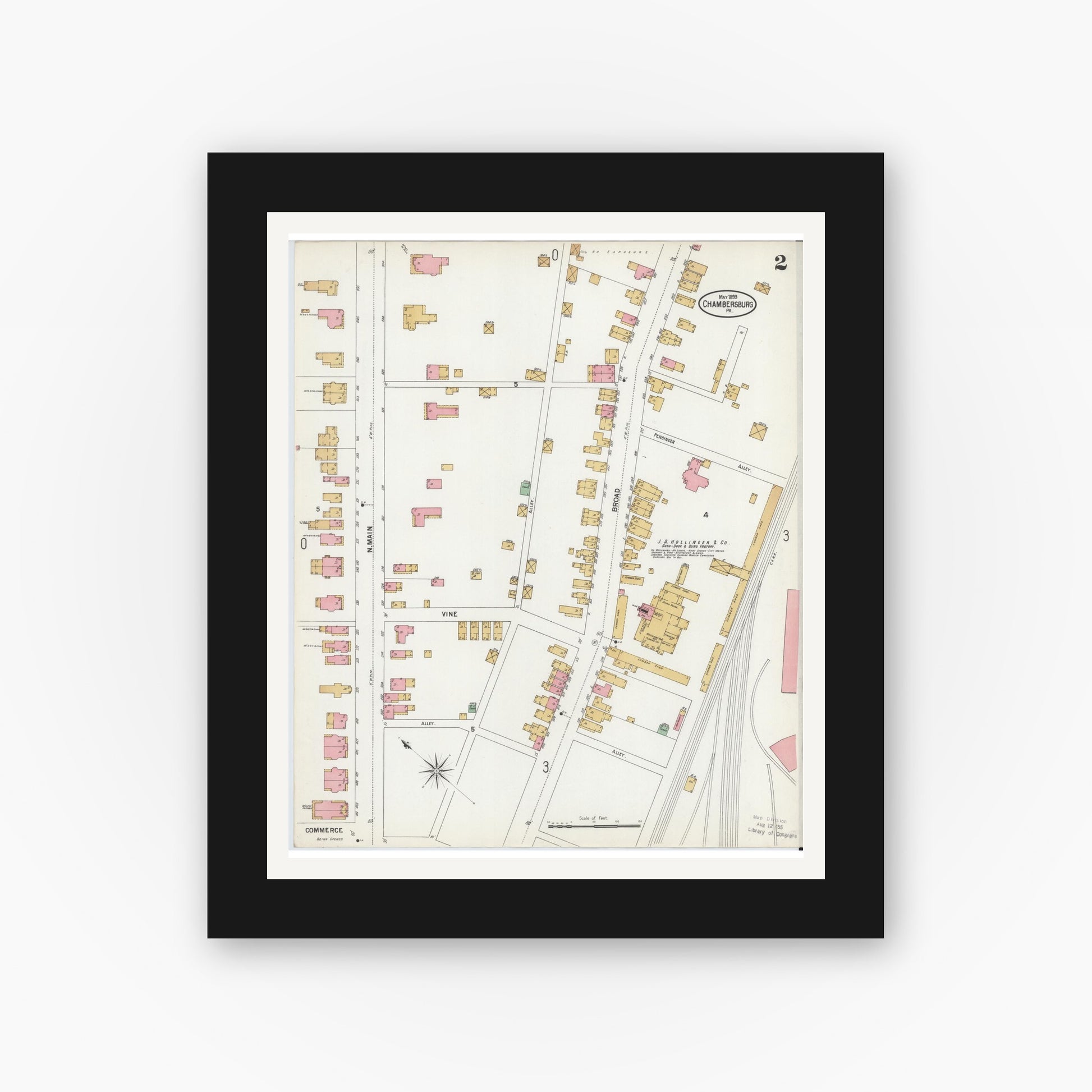 Old map wall art mockup — black gallery frame with white mat — Sanborn Fire Insurance Map from Chambersburg, Franklin County, Pennsylvania (1899), Sheet #0002