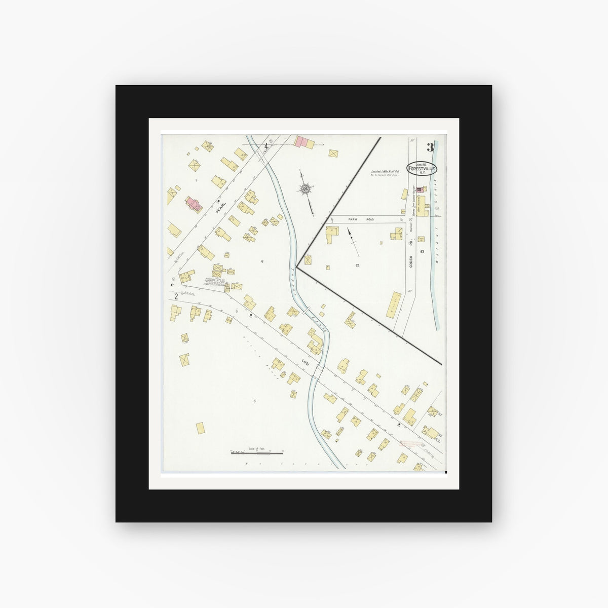 Old map wall art mockup — black gallery frame with white mat — Sanborn Fire Insurance Map from Forestville, Chautauqua County, New York (1912), Sheet #0003