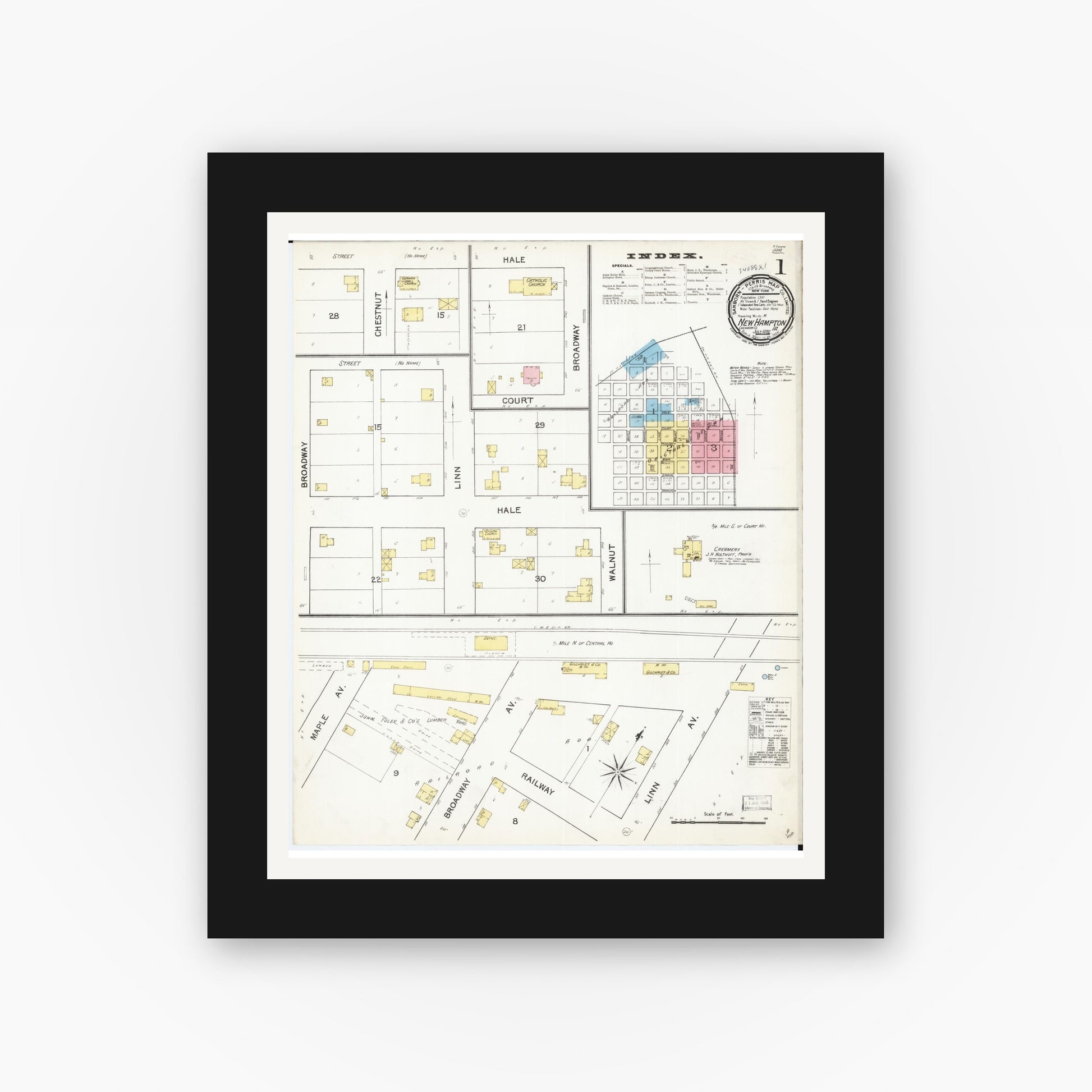 Old map wall art mockup — black gallery frame with white mat — Sanborn Fire Insurance Map from New Hampton, Chickasaw County, Iowa (1892) â€” Complete Set