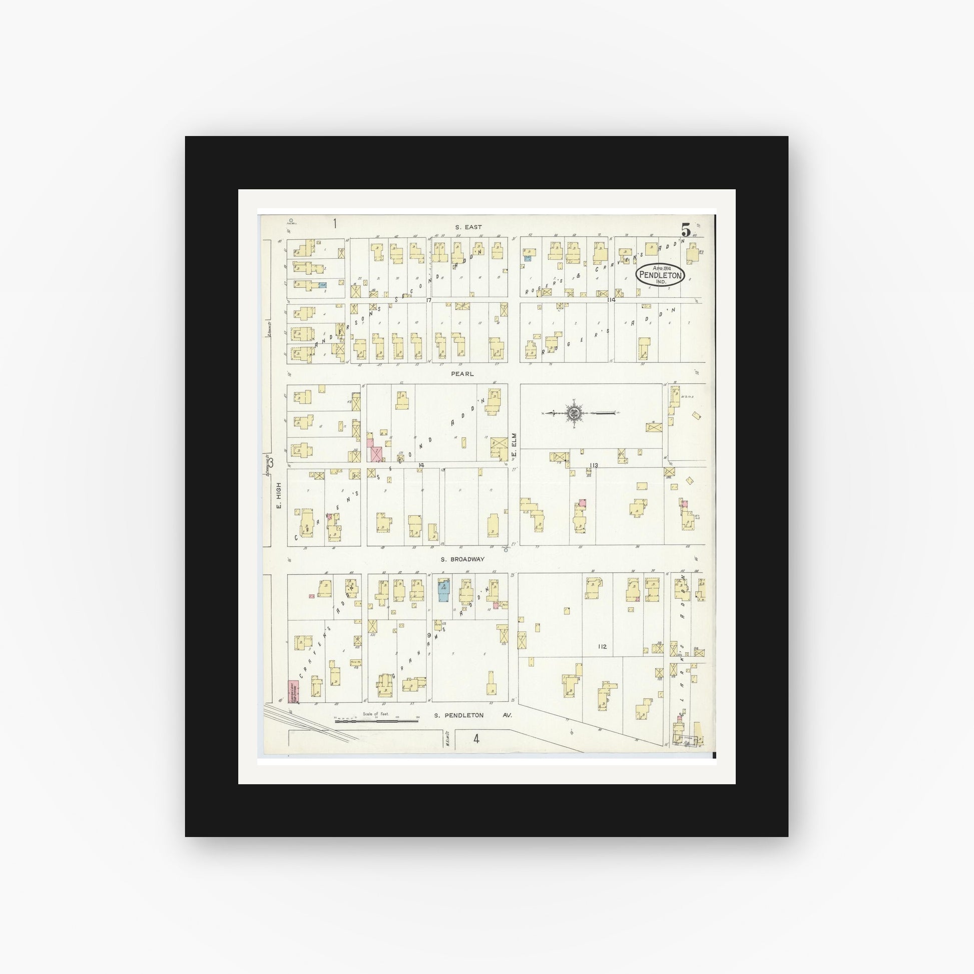 Old map wall art mockup — black gallery frame with white mat — Sanborn Fire Insurance Map from Pendleton, Madison County, Indiana (1914), Sheet #0005