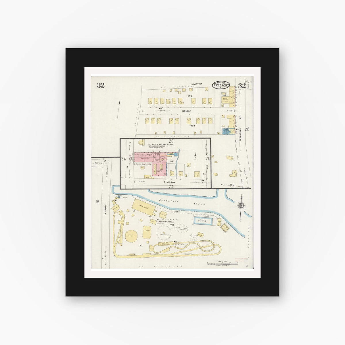 Old map wall art mockup — black gallery frame with white mat — Sanborn Fire Insurance Map from Freeport, Nassau County, New York (1925), Sheet #0032