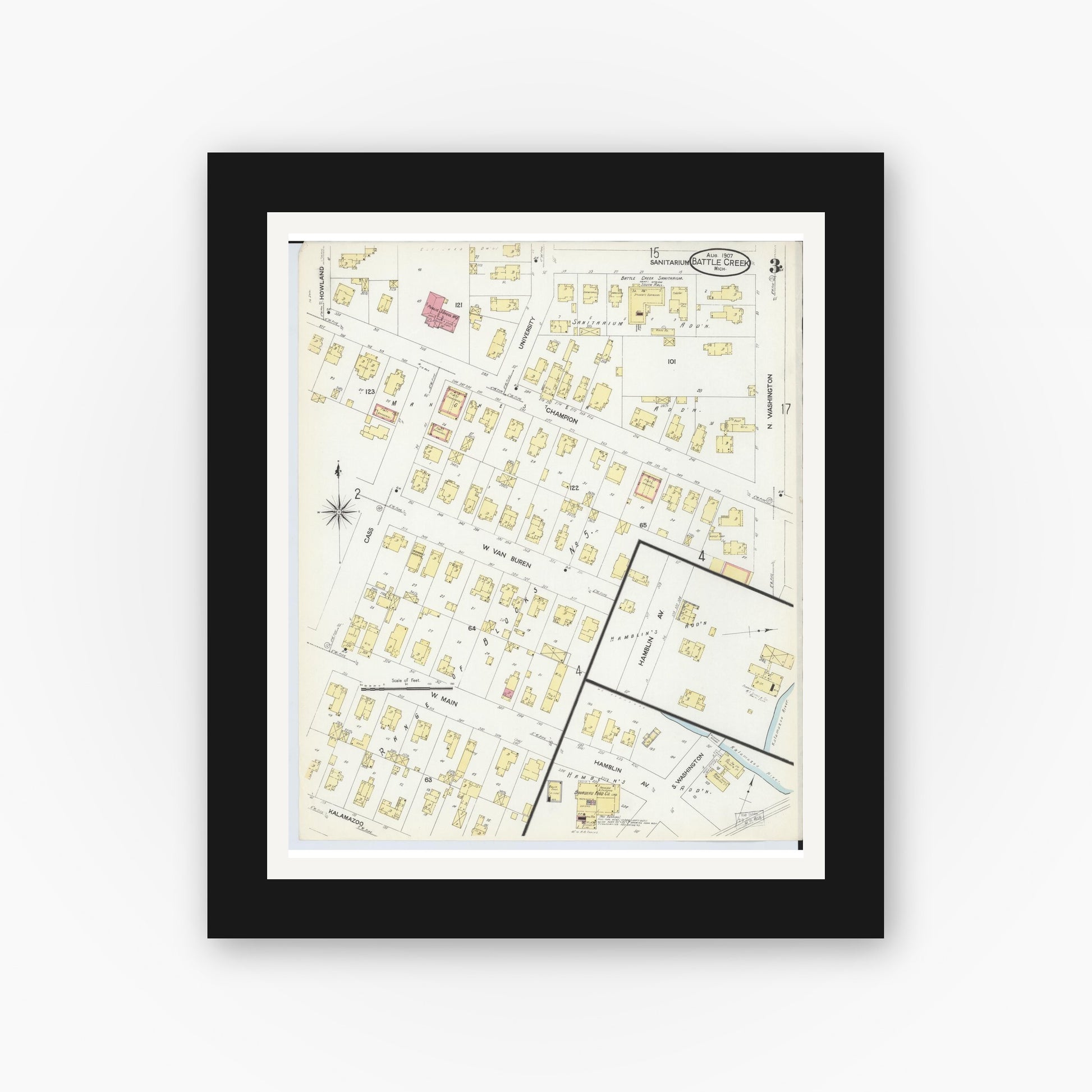 Old map wall art mockup — black gallery frame with white mat — Sanborn Fire Insurance Map from Battle Creek, Calhoun County, Michigan (1907), Sheet #0003