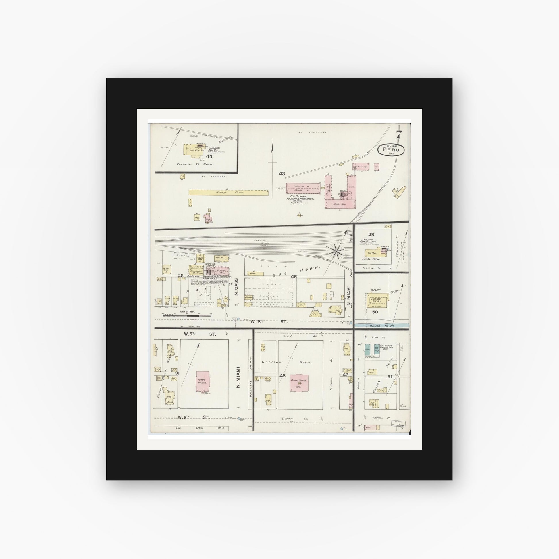 Old map wall art mockup — black gallery frame with white mat — Sanborn Fire Insurance Map from Peru, Miami County, Indiana (1887), Sheet #0007