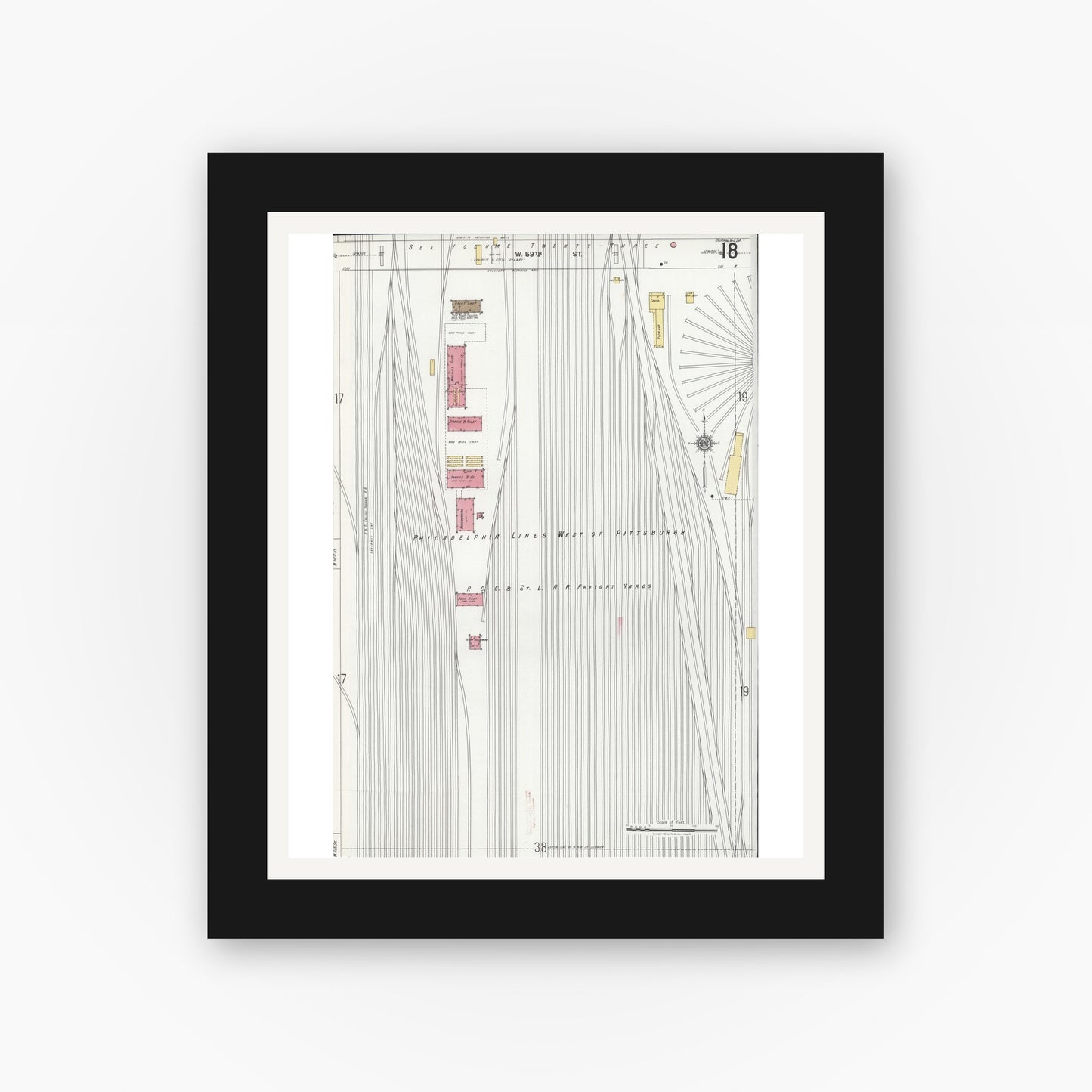 Old map wall art mockup — black gallery frame with white mat — Sanborn Fire Insurance Map from Chicago, Cook County, Illinois (1920), Sheet #0018