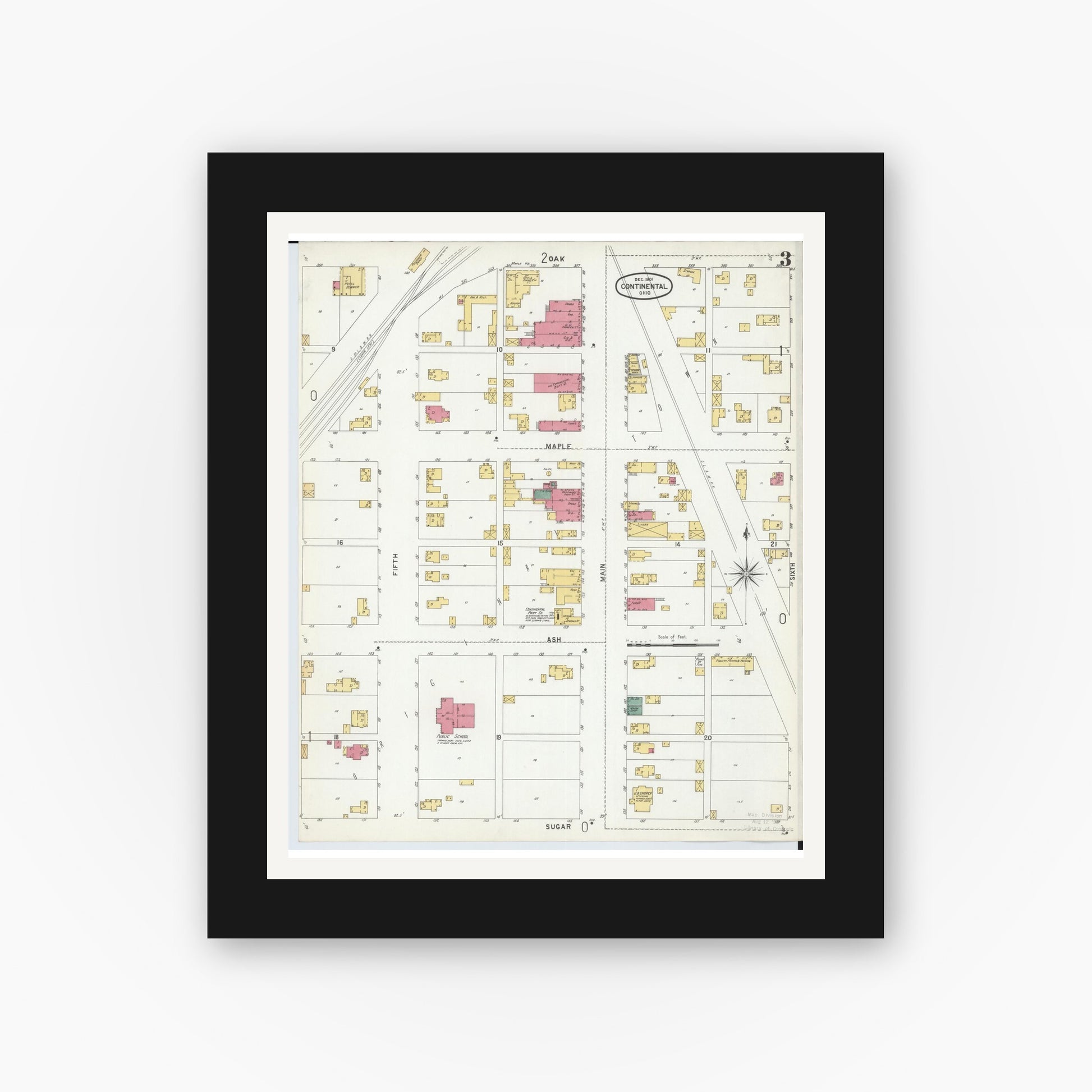 Old map wall art mockup — black gallery frame with white mat — Sanborn Fire Insurance Map from Continental, Putnam County, Ohio (1901), Sheet #0003