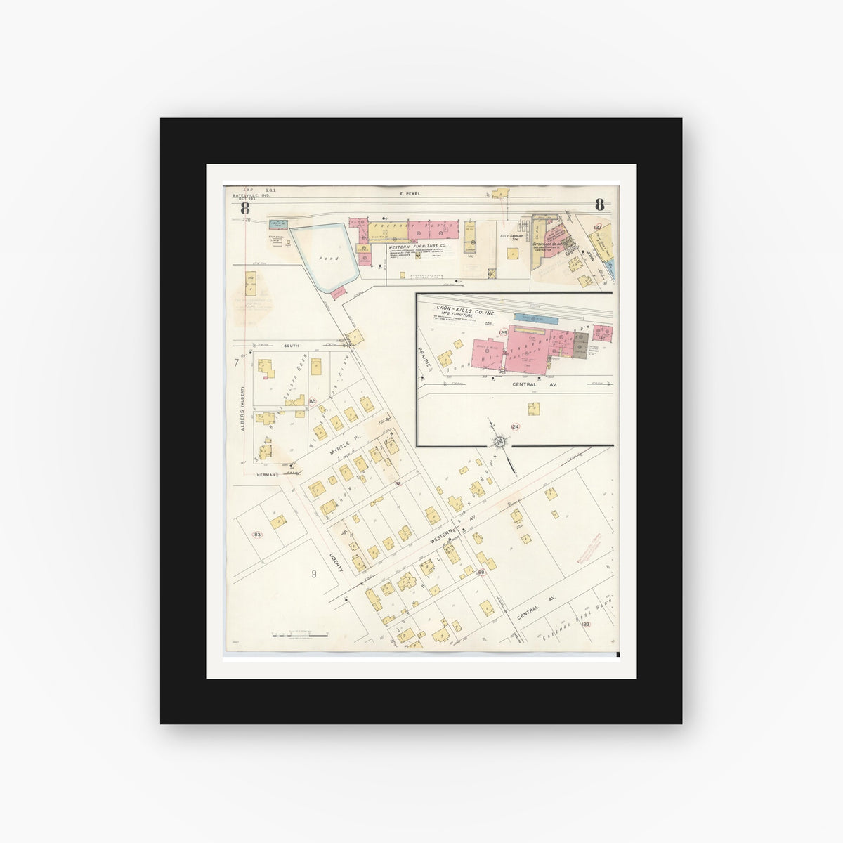 Old map wall art mockup — black gallery frame with white mat — Sanborn Fire Insurance Map from Batesville, Ripley County, Indiana (1948), Sheet #0008