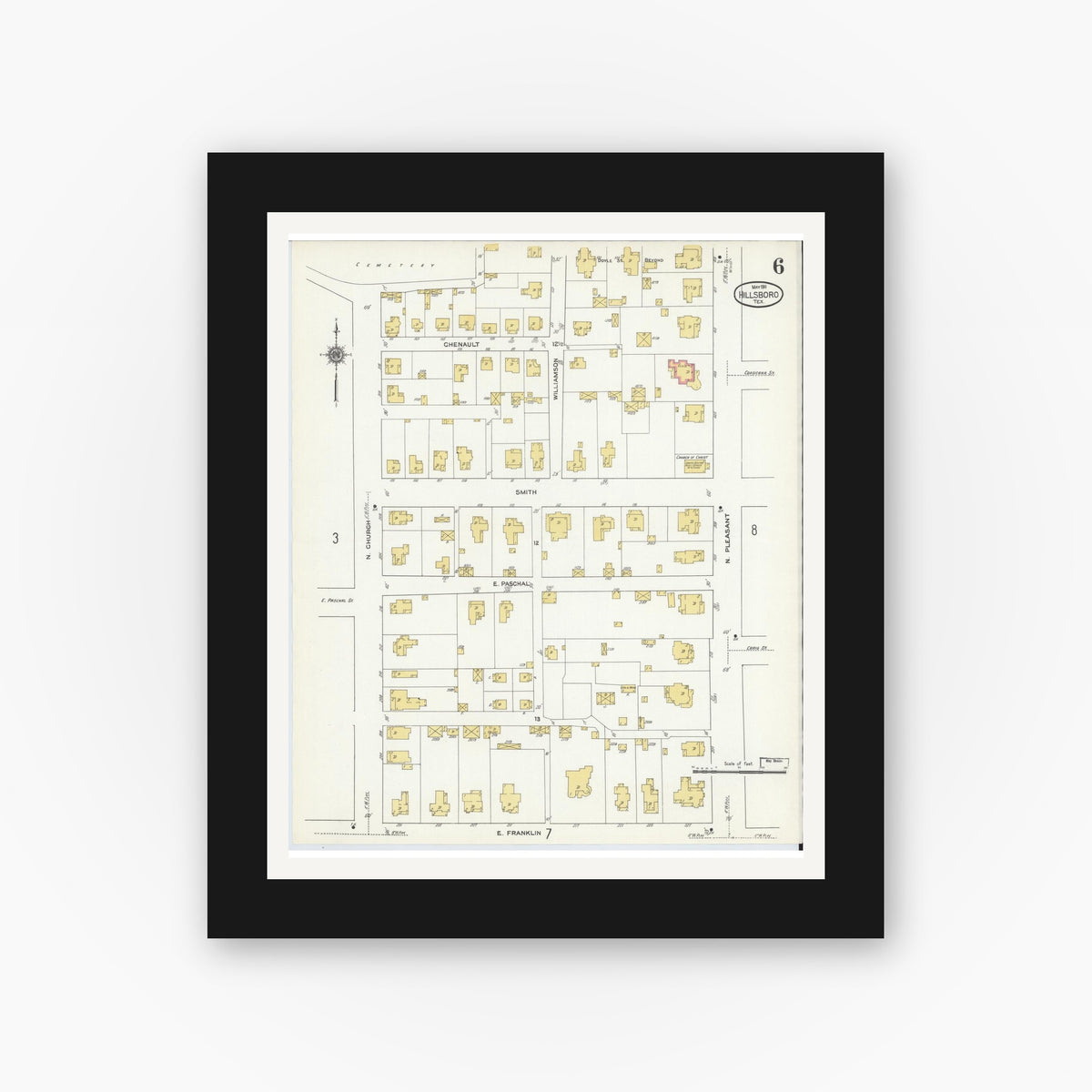 Old map wall art mockup — black gallery frame with white mat — Sanborn Fire Insurance Map from Hillsboro, Hill County, Texas (1911), Sheet #0006