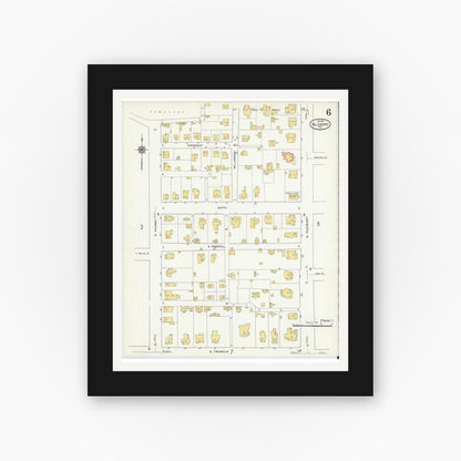 Old map wall art mockup — black gallery frame with white mat — Sanborn Fire Insurance Map from Hillsboro, Hill County, Texas (1911), Sheet #0006