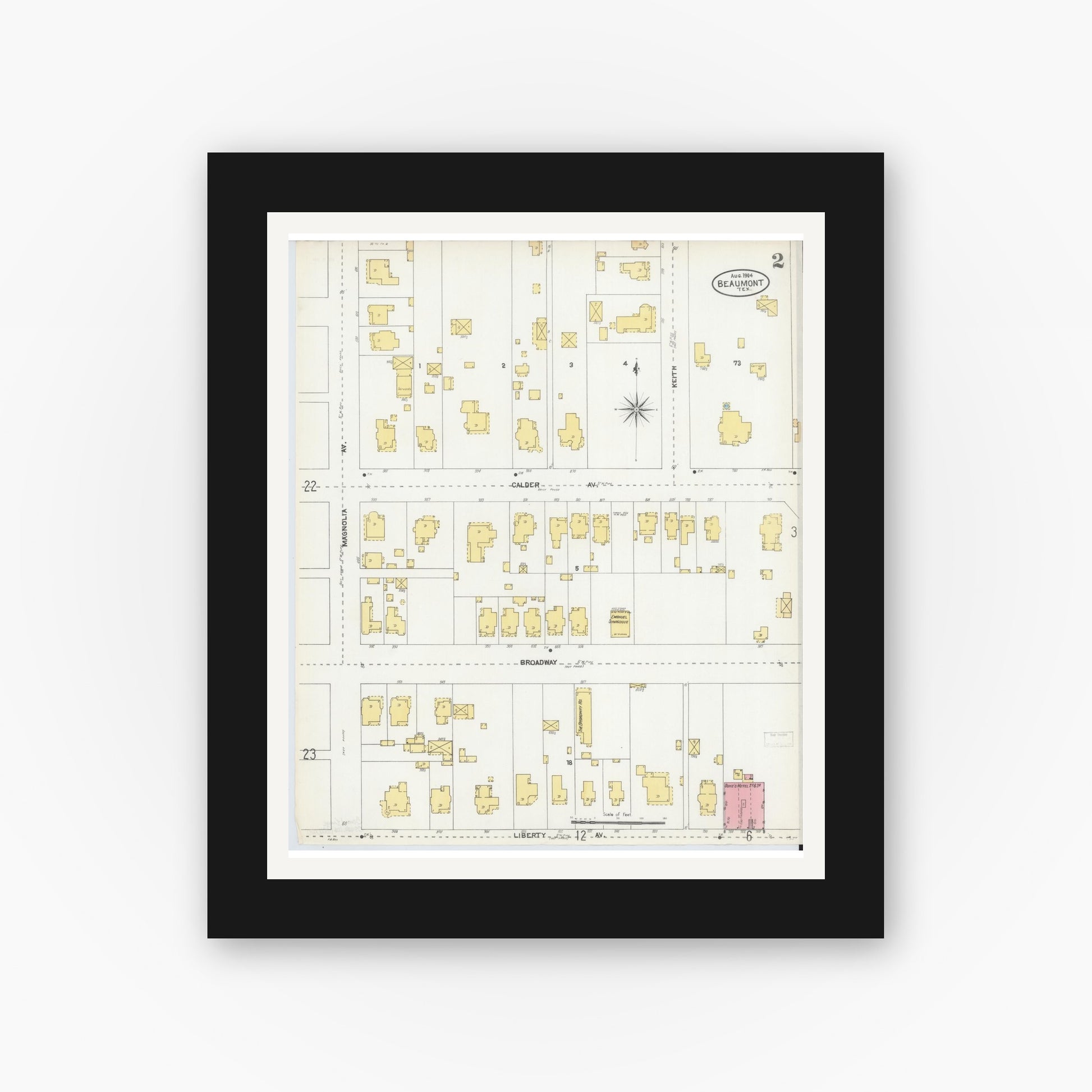 Old map wall art mockup — black gallery frame with white mat — Sanborn Fire Insurance Map from Beaumont, Jefferson County, Texas (1904), Sheet #0002