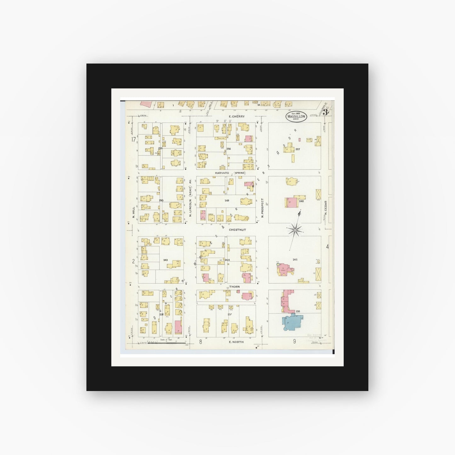 Old map wall art mockup — black gallery frame with white mat — Sanborn Fire Insurance Map from Massillon, Stark County, Ohio (1908), Sheet #0003