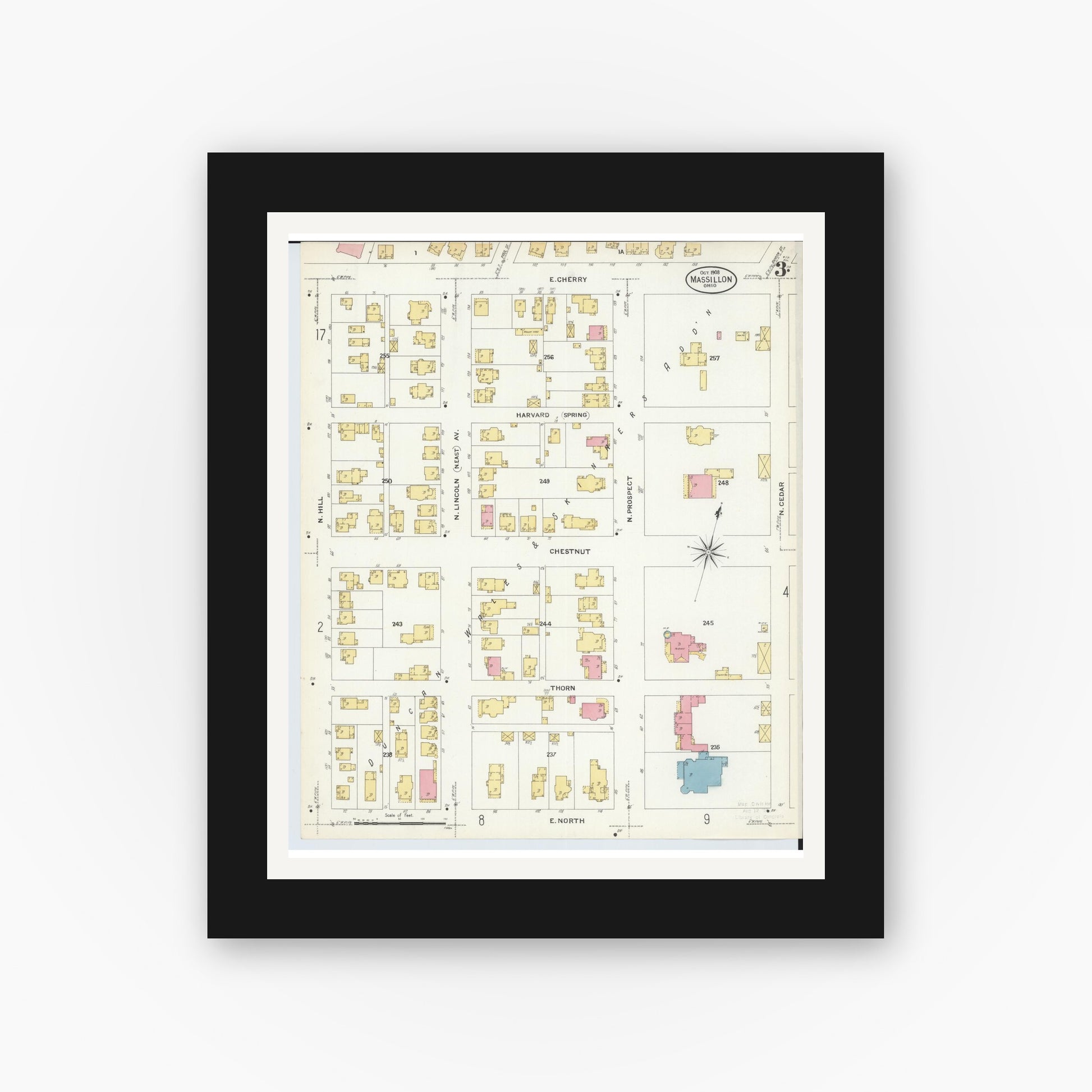 Old map wall art mockup — black gallery frame with white mat — Sanborn Fire Insurance Map from Massillon, Stark County, Ohio (1908), Sheet #0003