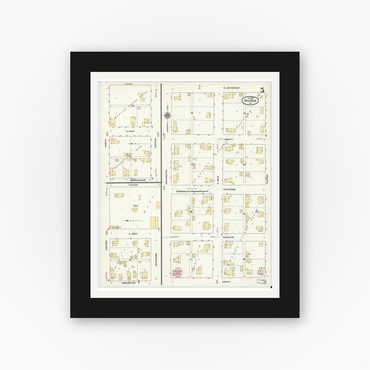 Old map wall art mockup — black gallery frame with white mat — Sanborn Fire Insurance Map from Bourbon, Marshall County, Indiana (1910), Sheet #0005