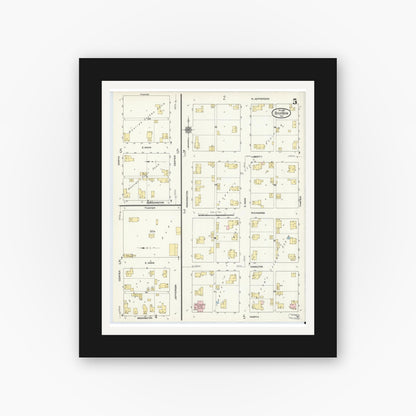 Old map wall art mockup — black gallery frame with white mat — Sanborn Fire Insurance Map from Bourbon, Marshall County, Indiana (1910), Sheet #0005