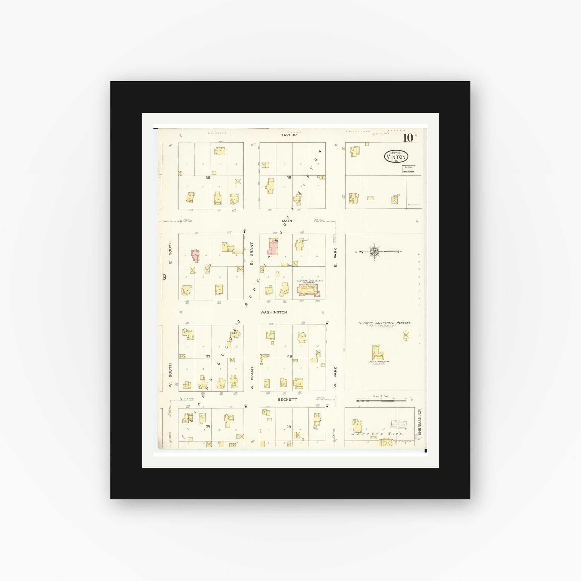 Old map wall art mockup — black gallery frame with white mat — Sanborn Fire Insurance Map from Vinton, Benton County, Iowa (1913), Sheet #0010