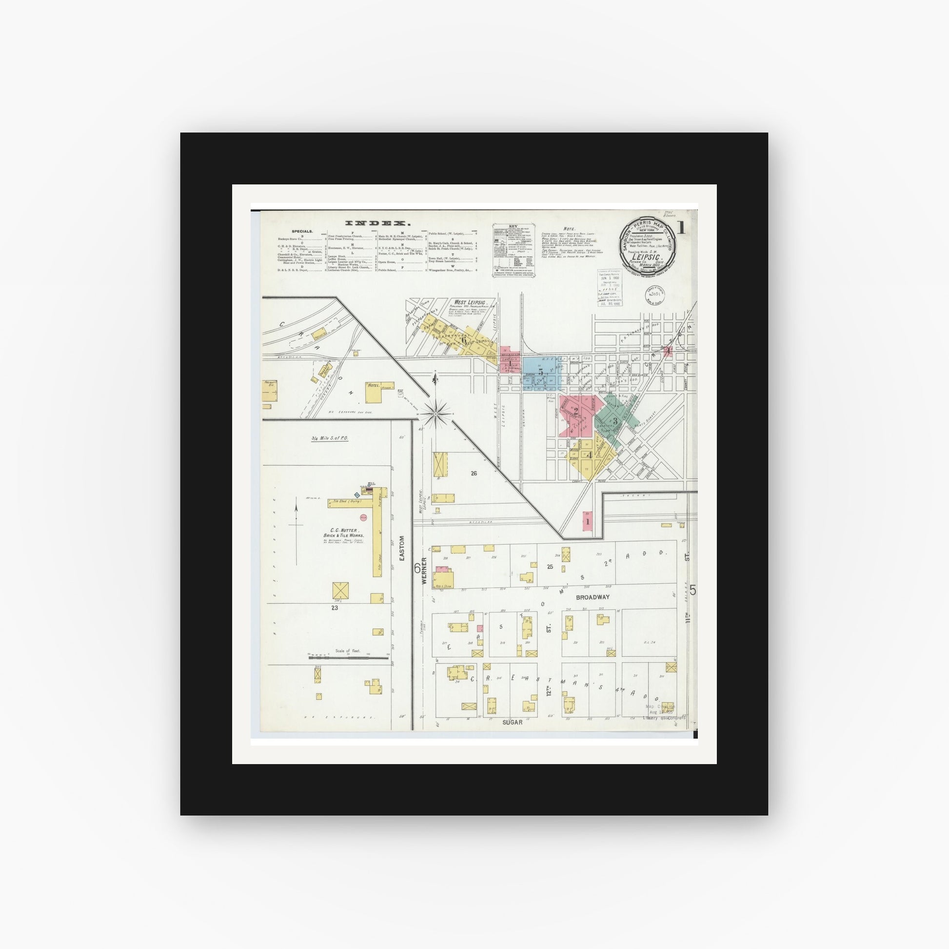 Old map wall art mockup — black gallery frame with white mat — Sanborn Fire Insurance Map from Leipsic, Putnam County, Ohio (1900) - Complete Map Set