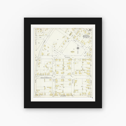 Old map wall art mockup — black gallery frame with white mat — Sanborn Fire Insurance Map from Corpus Christi, Nueces County, Texas (1914), Sheet #0012