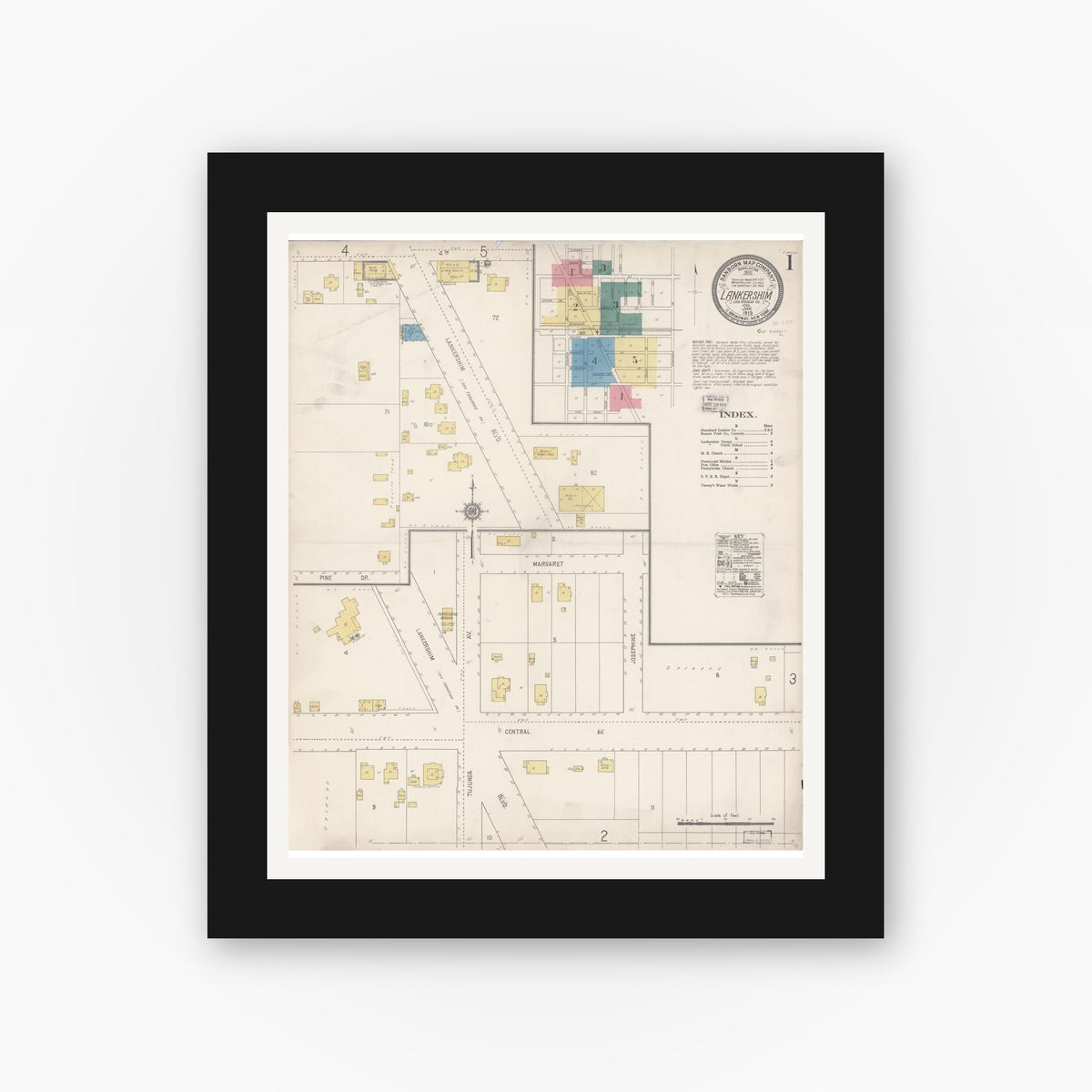 Old map wall art mockup — black gallery frame with white mat — Sanborn Fire Insurance Map from Lankershim, Los Angeles County, California (1919), Sheet #0001