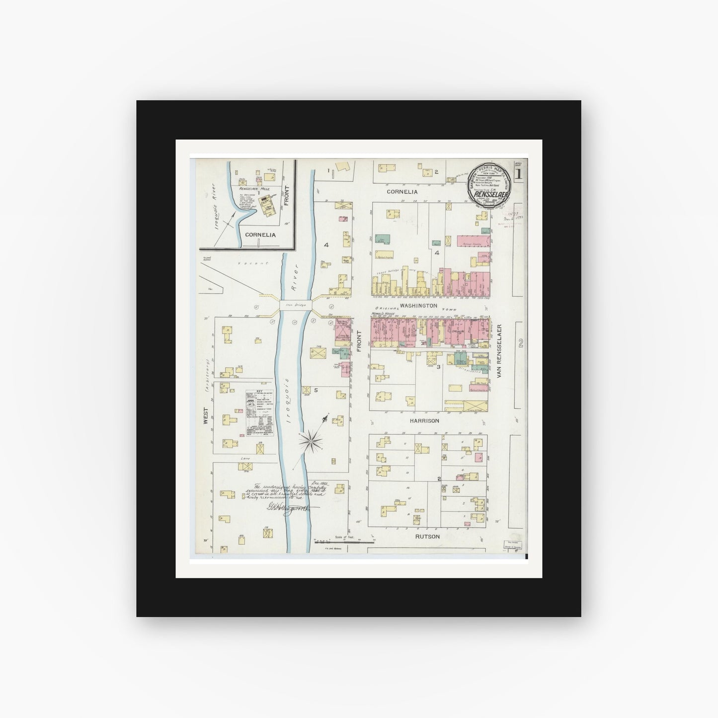 Old map wall art mockup — black gallery frame with white mat — Sanborn Fire Insurance Map from Rensselaer, Jasper County, Indiana (1893) - Complete Map Set