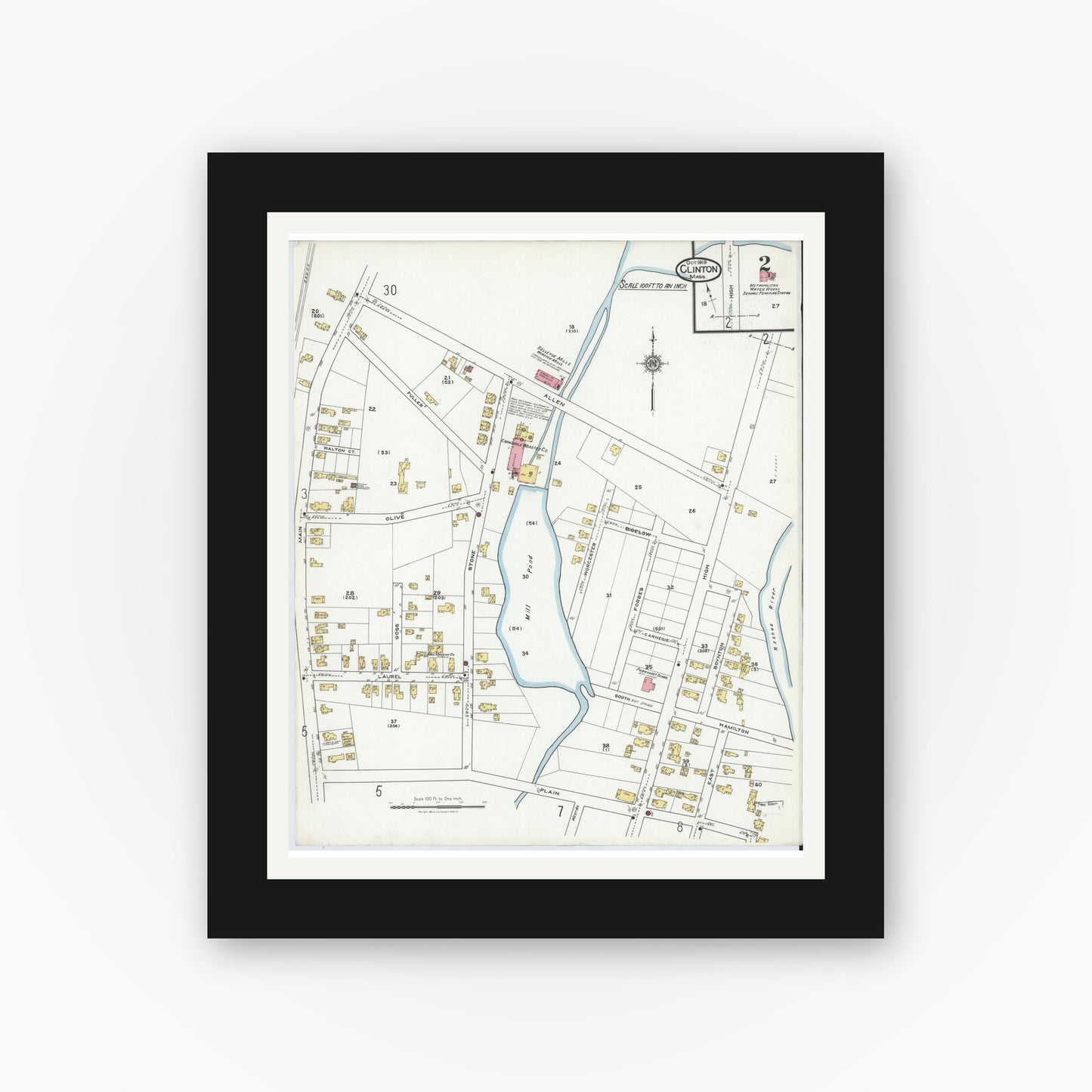 Old map wall art mockup — black gallery frame with white mat — Sanborn Fire Insurance Map from Clinton, Worcester County, Massachusetts (1919), Sheet #0002