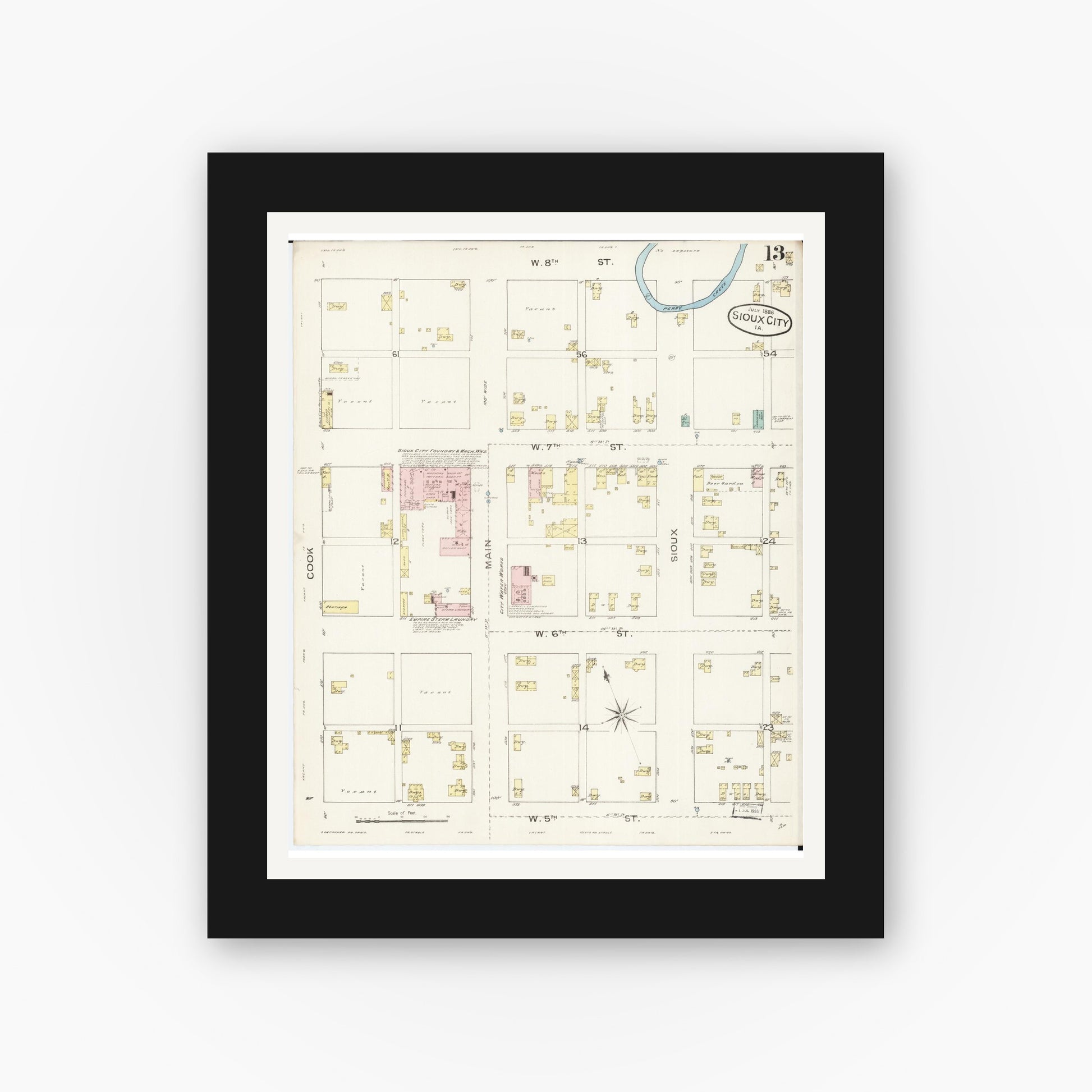 Old map wall art mockup — black gallery frame with white mat — Sanborn Fire Insurance Map from Sioux City, Woodbury County, Iowa (1886), Sheet #0013