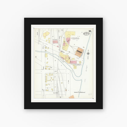 Old map wall art mockup — black gallery frame with white mat — Sanborn Fire Insurance Map from Waukegan, Lake County, Illinois (1912), Sheet #0016