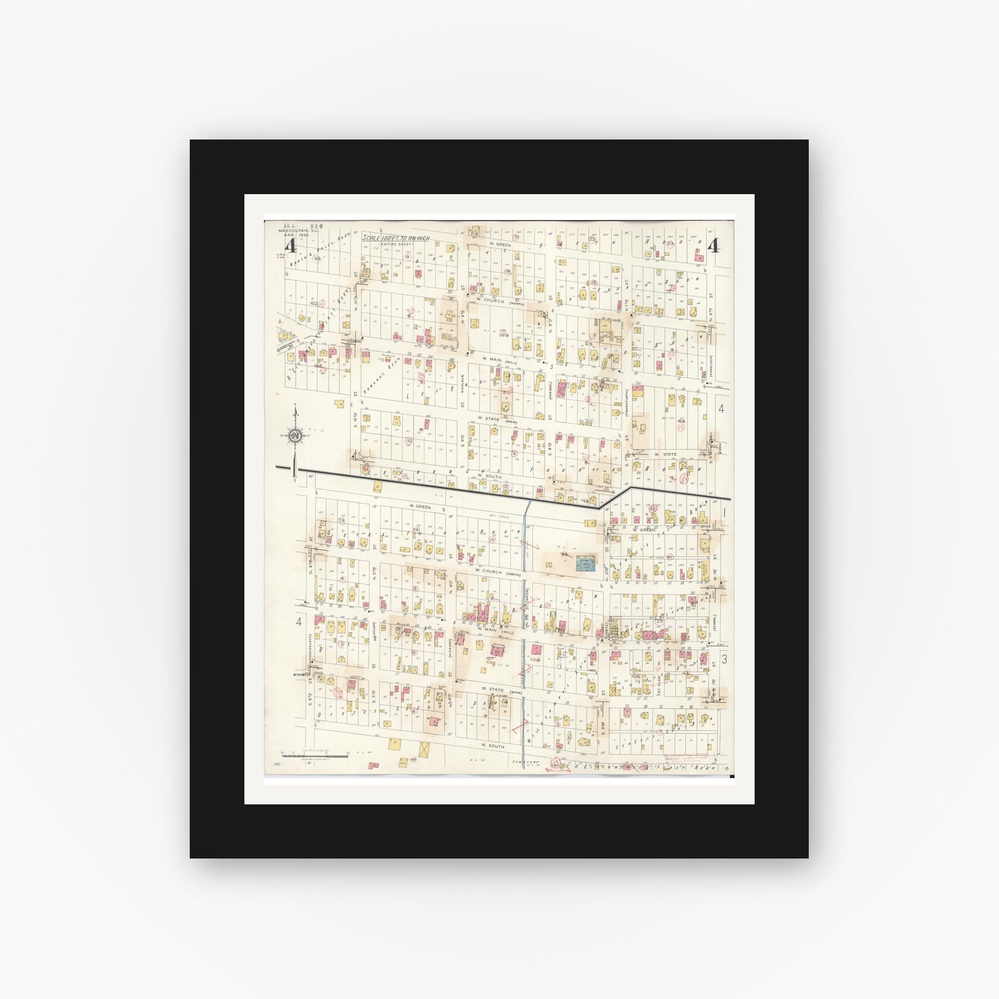 Old map wall art mockup — black gallery frame with white mat — Sanborn Fire Insurance Map from Mascoutah, Saint Clair County, Illinois (1942), Sheet #0004