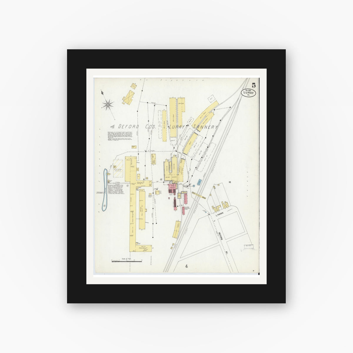 Old map wall art mockup — black gallery frame with white mat — Sanborn Fire Insurance Map from Luray, Page County, Virginia (1902), Sheet #0005