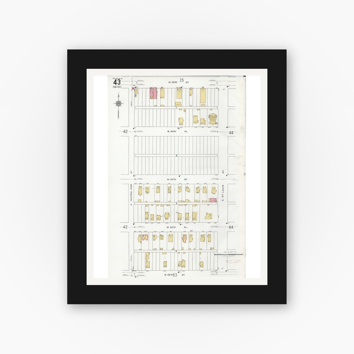 Old map wall art mockup — black gallery frame with white mat — Sanborn Fire Insurance Map from Chicago, Cook County, Illinois (1920), Sheet #0043
