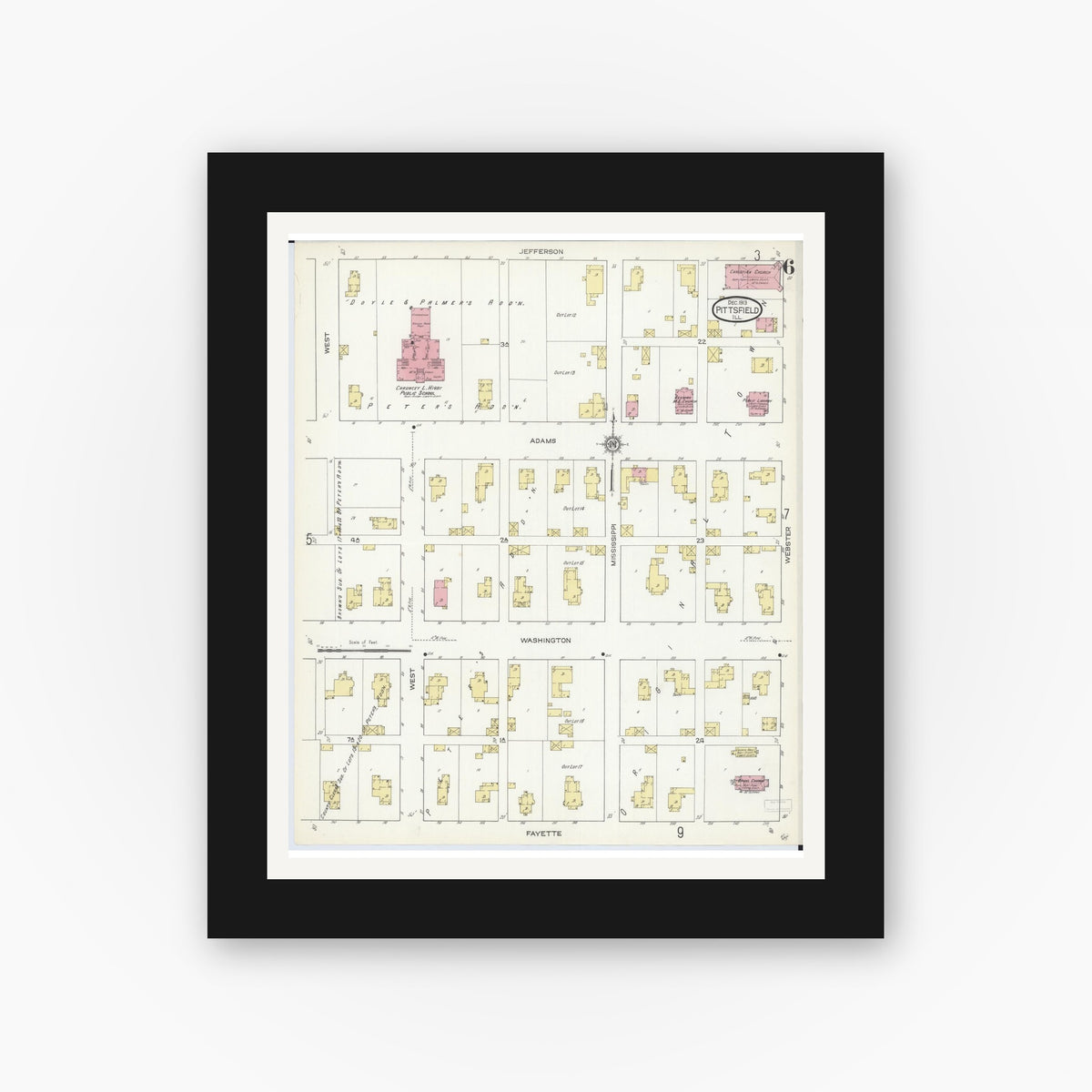 Old map wall art mockup — black gallery frame with white mat — Sanborn Fire Insurance Map from Pittsfield, Pike County, Illinois (1913), Sheet #0006