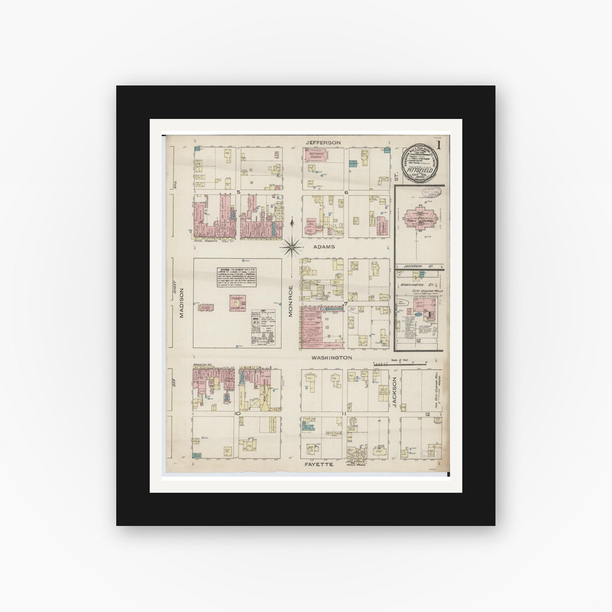 Old map wall art mockup — black gallery frame with white mat — Sanborn Fire Insurance Map from Pittsfield, Pike County, Illinois (1885), Sheet #0001