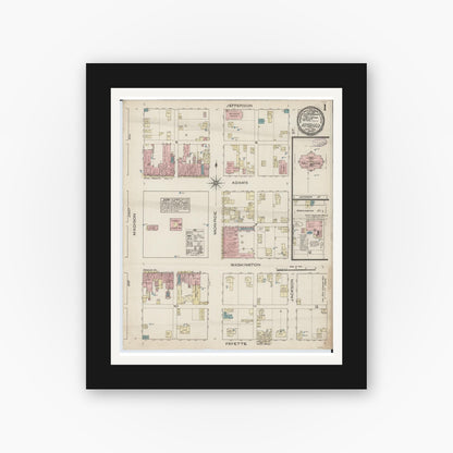 Old map wall art mockup — black gallery frame with white mat — Sanborn Fire Insurance Map from Pittsfield, Pike County, Illinois (1885), Sheet #0001