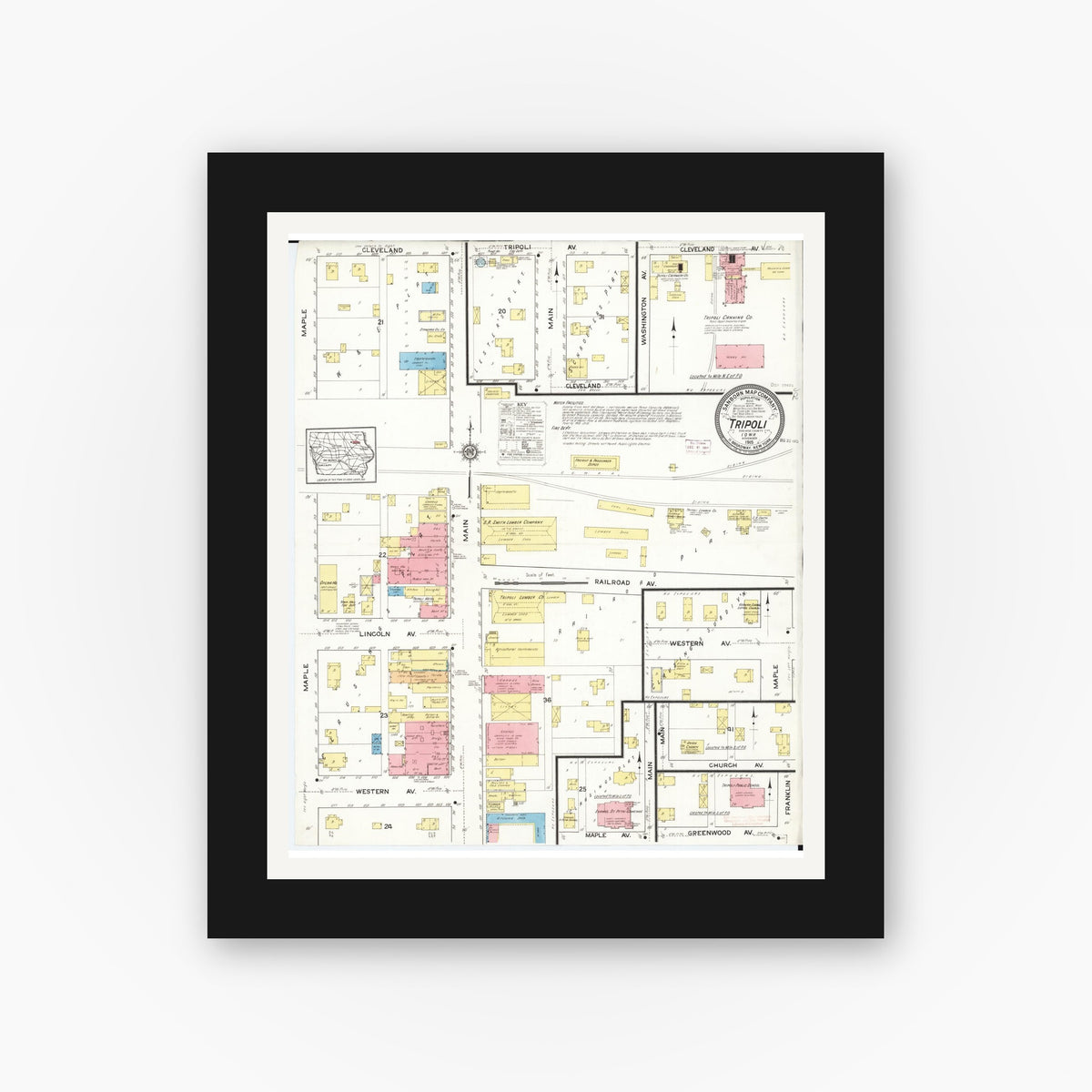 Old map wall art mockup — black gallery frame with white mat — Sanborn Fire Insurance Map from Tripoli, Bremer County, Iowa (1915), Sheet #0001