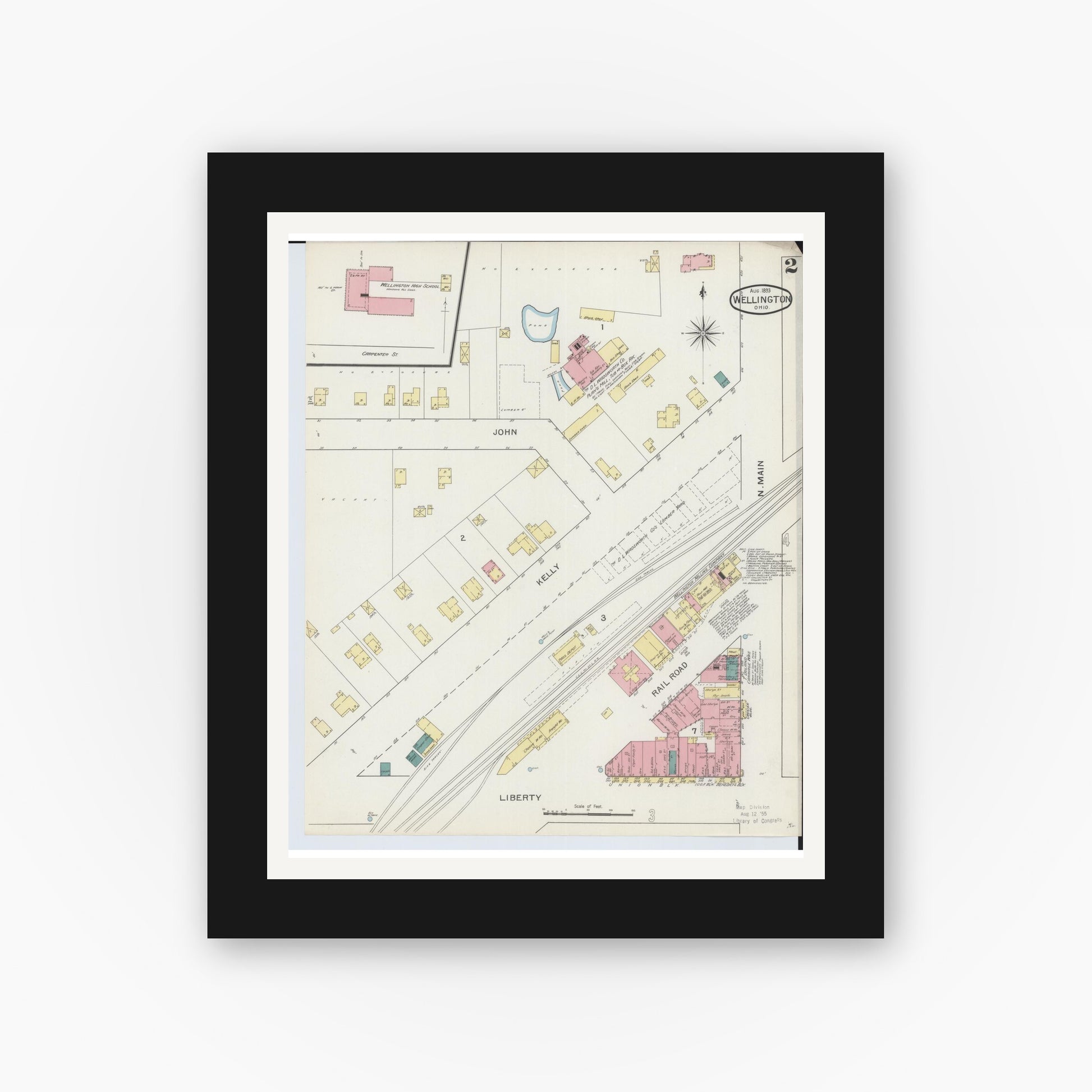 Old map wall art mockup — black gallery frame with white mat — Sanborn Fire Insurance Map from Wellington, Lorain County, Ohio (1893), Sheet #0002