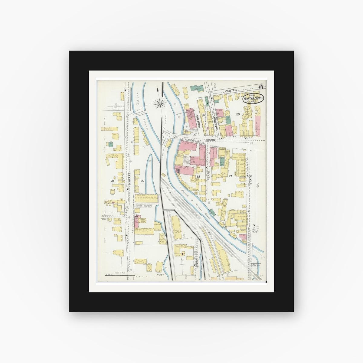 Old map wall art mockup — black gallery frame with white mat — Sanborn Fire Insurance Map from North Adams, Berkshire County, Massachusetts (1892), Sheet #0006