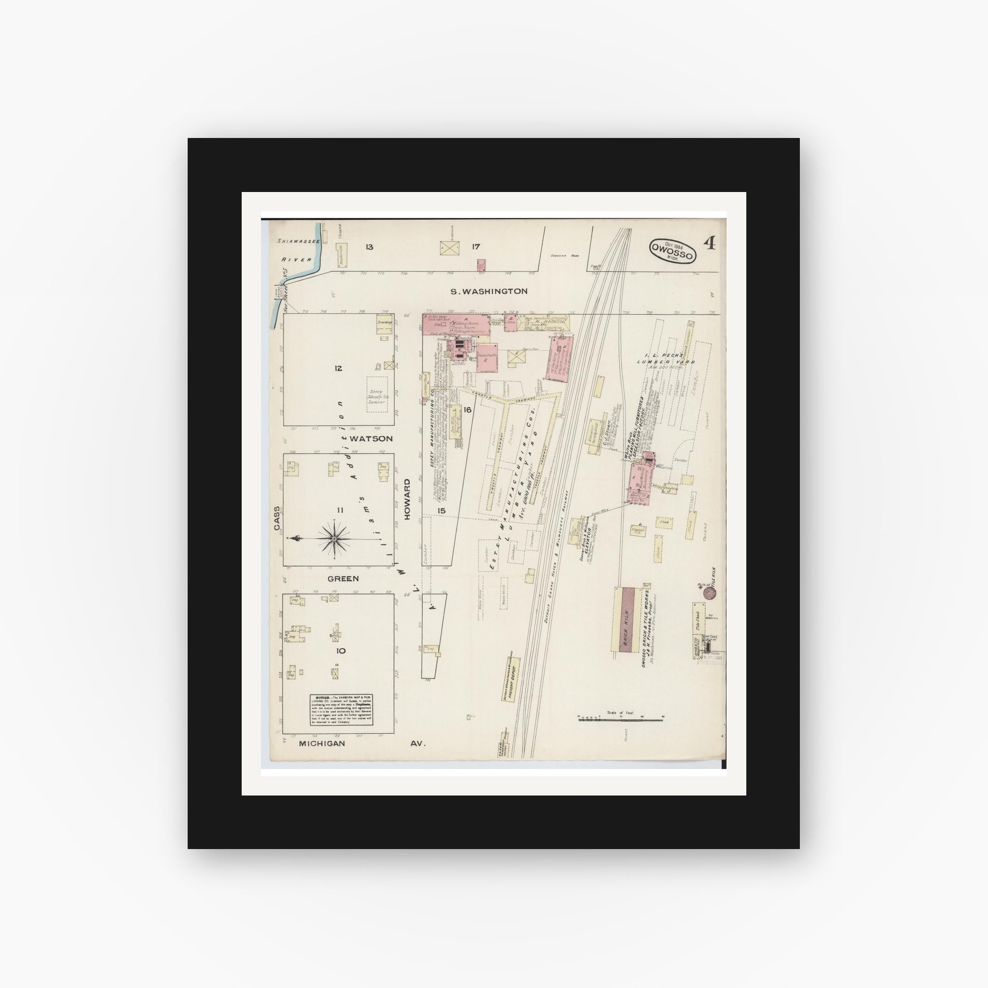 Old map wall art mockup — black gallery frame with white mat — Sanborn Fire Insurance Map from Owosso, Shiawassee County, Michigan (1884), Sheet #0004