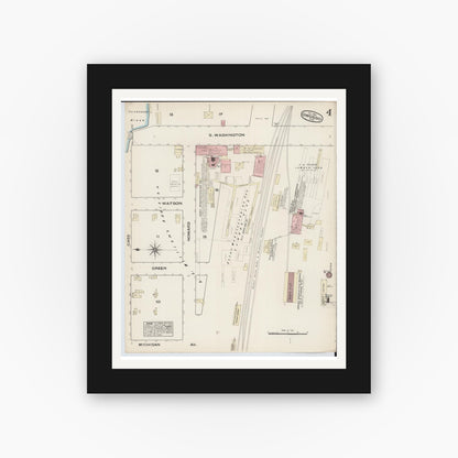 Old map wall art mockup — black gallery frame with white mat — Sanborn Fire Insurance Map from Owosso, Shiawassee County, Michigan (1884), Sheet #0004