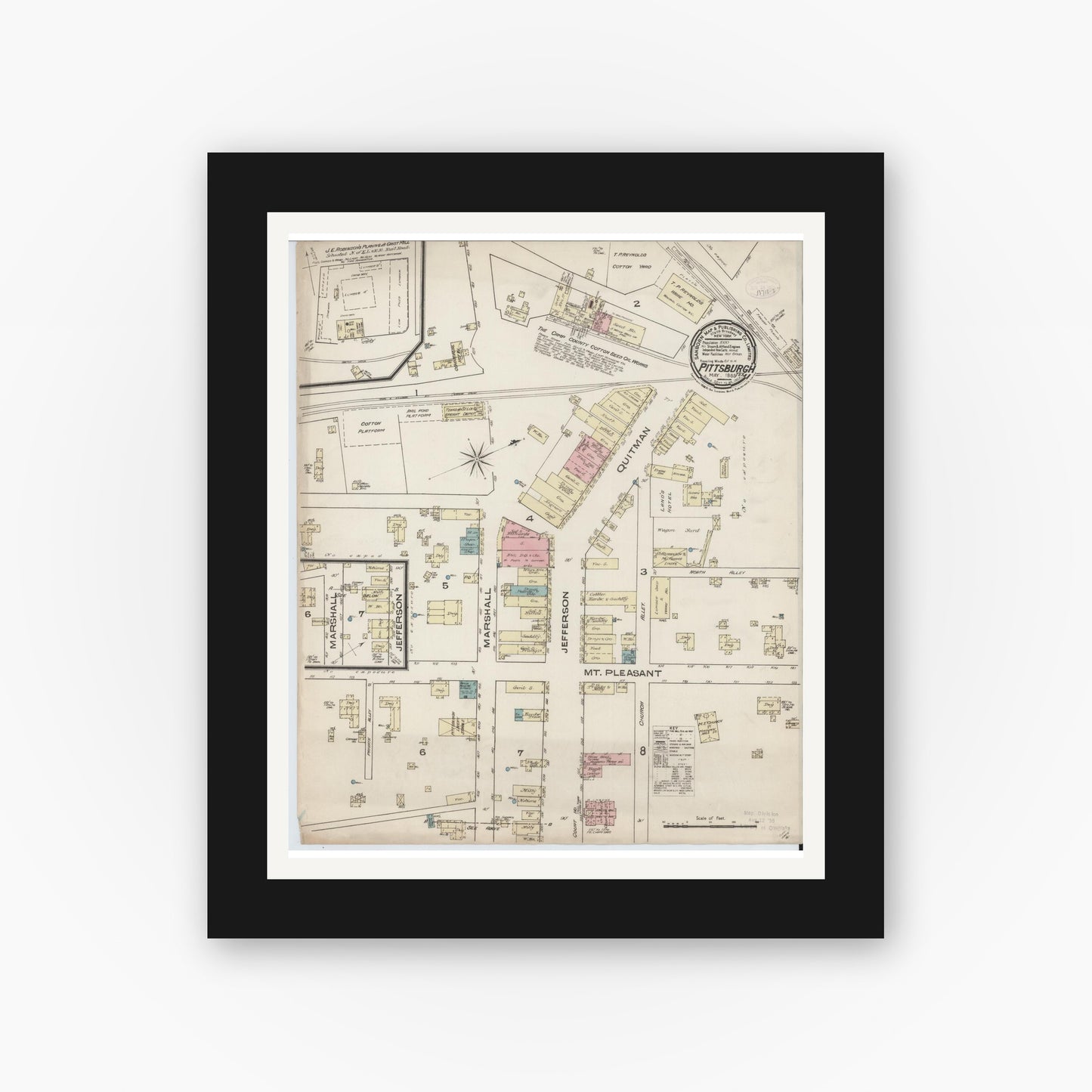 Old map wall art mockup — black gallery frame with white mat — Sanborn Fire Insurance Map from Pittsburg, Camp County, Texas (1885), Sheet #0001
