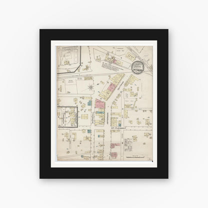 Old map wall art mockup — black gallery frame with white mat — Sanborn Fire Insurance Map from Pittsburg, Camp County, Texas (1885), Sheet #0001