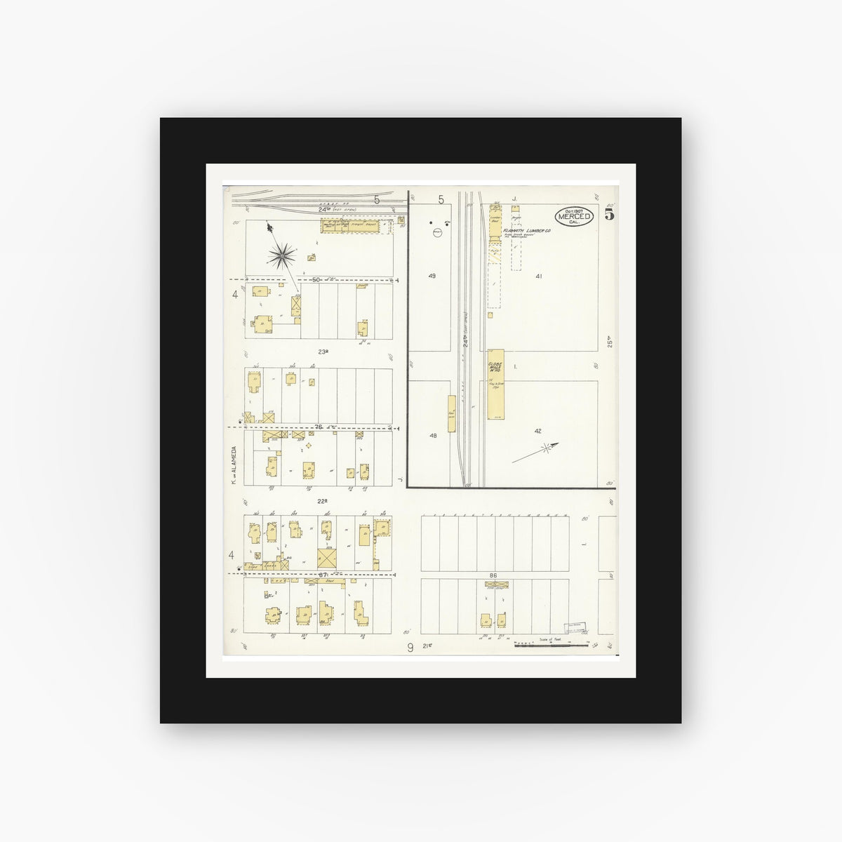 Old map wall art mockup — black gallery frame with white mat — Sanborn Fire Insurance Map from Merced, Merced County, California (1907), Sheet #0005