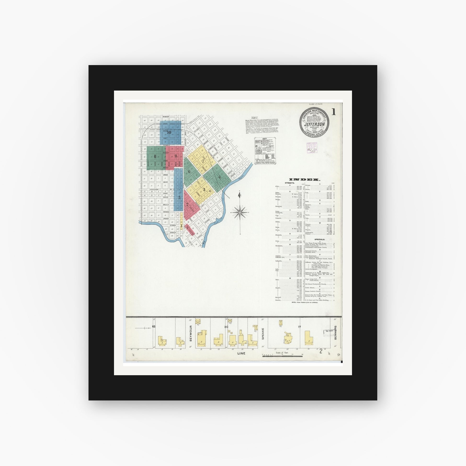 Old map wall art mockup — black gallery frame with white mat — Sanborn Fire Insurance Map from Jefferson, Marion County, Texas (1906), Sheet #0001