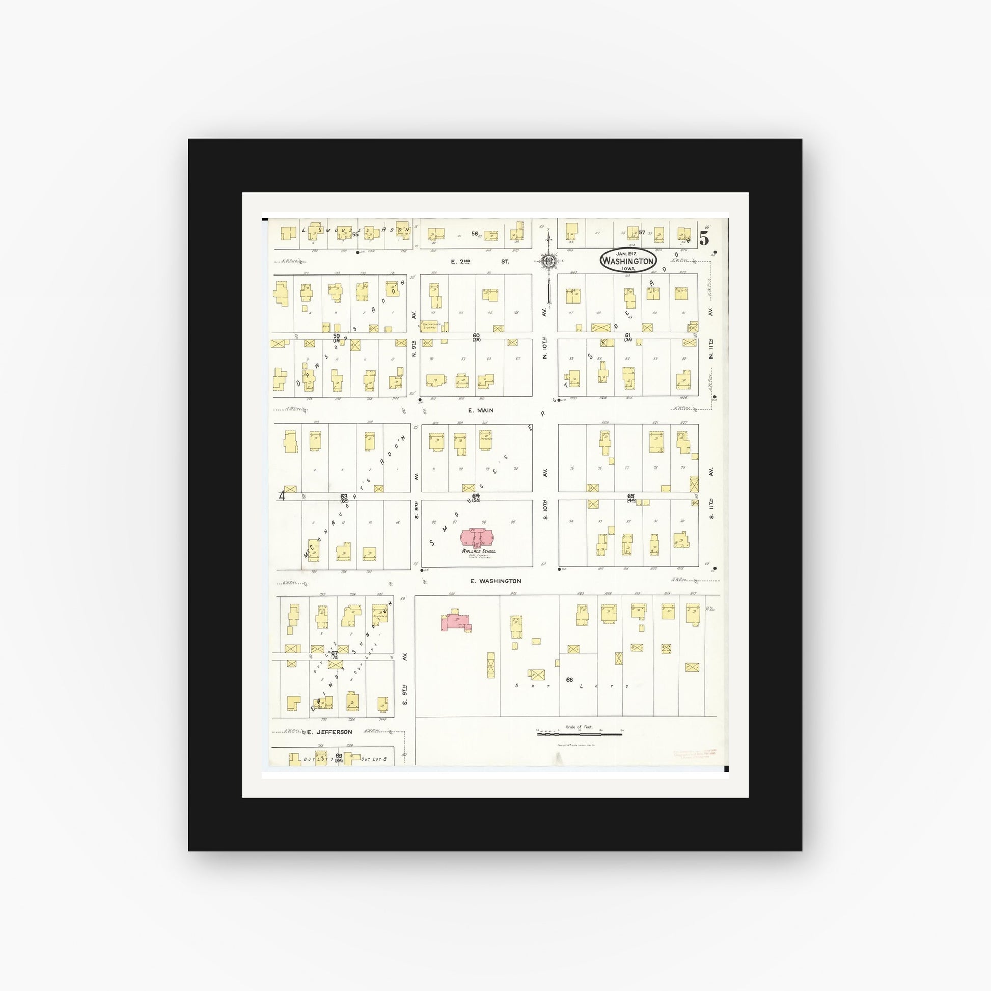 Old map wall art mockup — black gallery frame with white mat — Sanborn Fire Insurance Map from Washington, Washington County, Iowa (1917), Sheet #0005