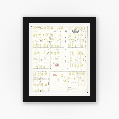 Old map wall art mockup — black gallery frame with white mat — Sanborn Fire Insurance Map from Washington, Washington County, Iowa (1917), Sheet #0005