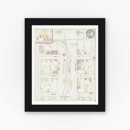 Old map wall art mockup — black gallery frame with white mat — Sanborn Fire Insurance Map from Elgin, Bastrop County, Texas (1893), Sheet #0001
