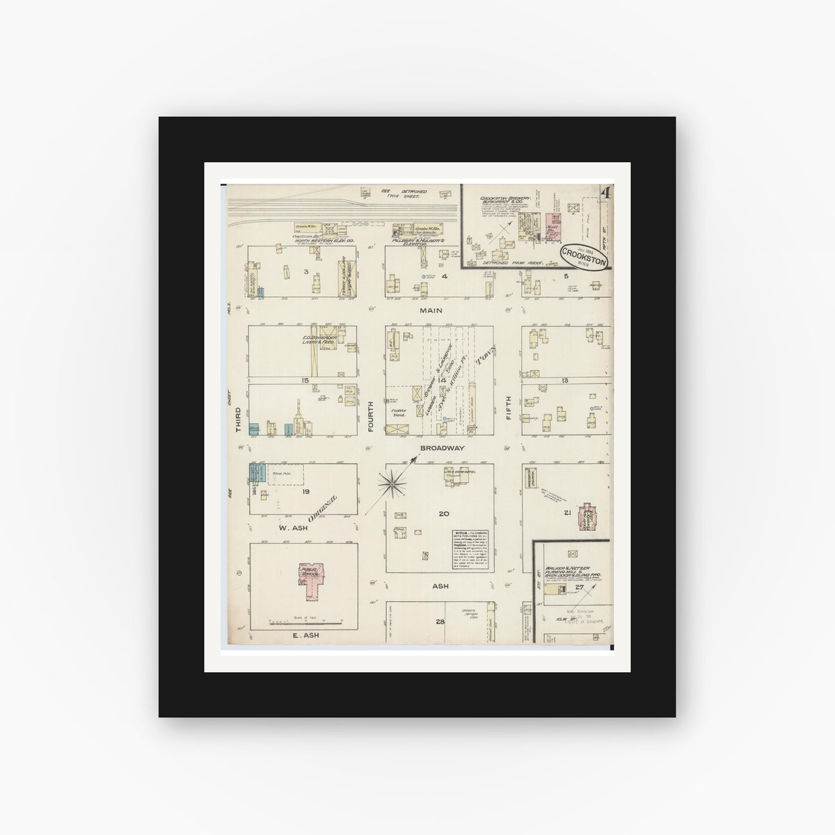 Old map wall art mockup — black gallery frame with white mat — Sanborn Fire Insurance Map from Crookston, Polk County, Minnesota (1884), Sheet #0004