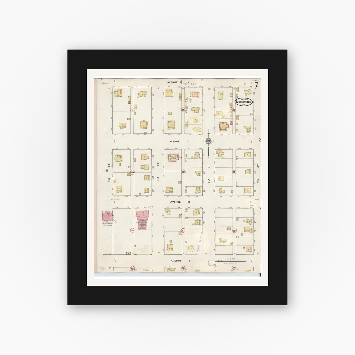 Old map wall art mockup — black gallery frame with white mat — Sanborn Fire Insurance Map from Midlothian, Ellis County, Texas (1944), Sheet #0007