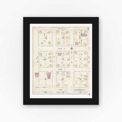 Old map wall art mockup — black gallery frame with white mat — Sanborn Fire Insurance Map from Midlothian, Ellis County, Texas (1944), Sheet #0007