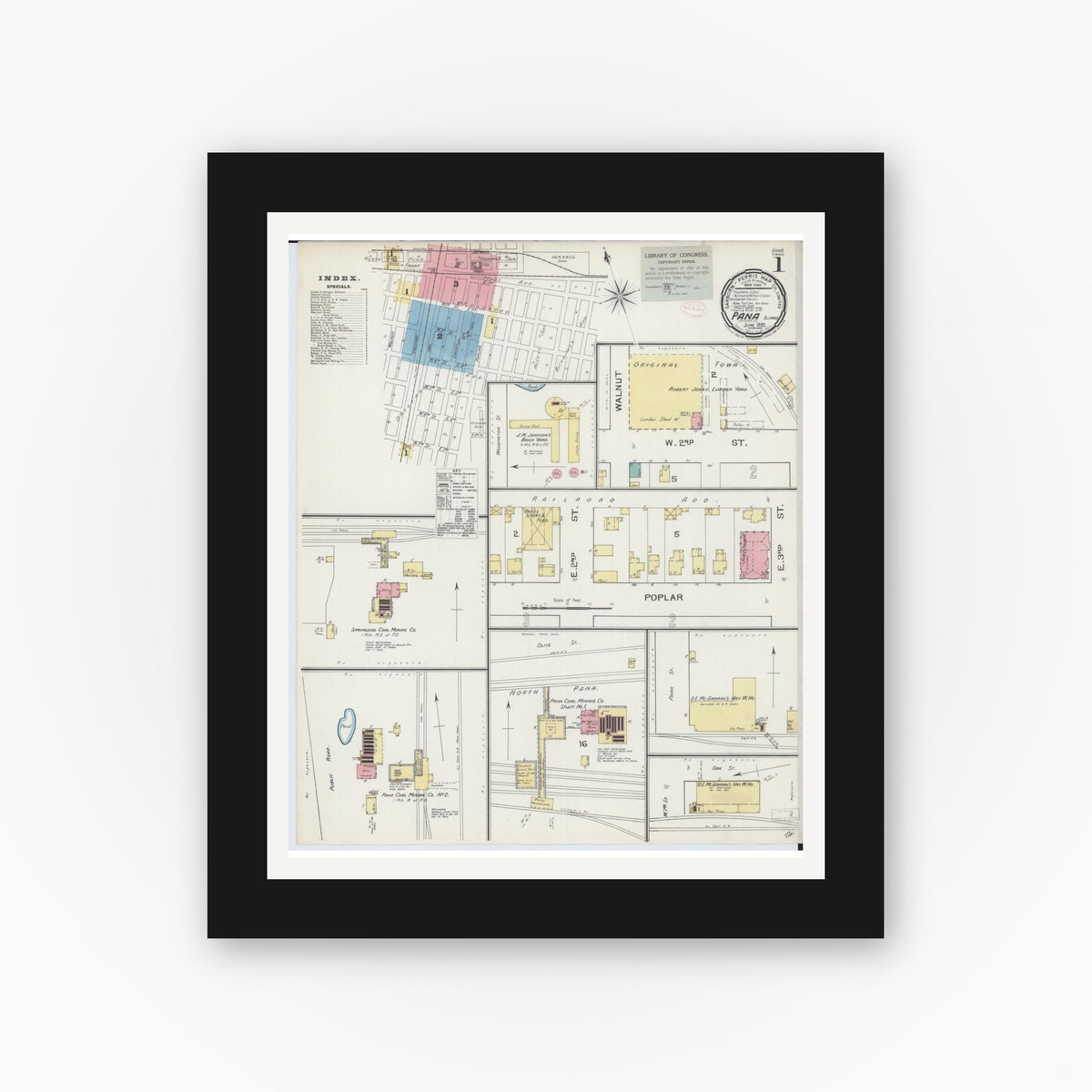Old map wall art mockup — black gallery frame with white mat — Sanborn Fire Insurance Map from Pana, Christian County, Illinois (1893), Sheet #0001