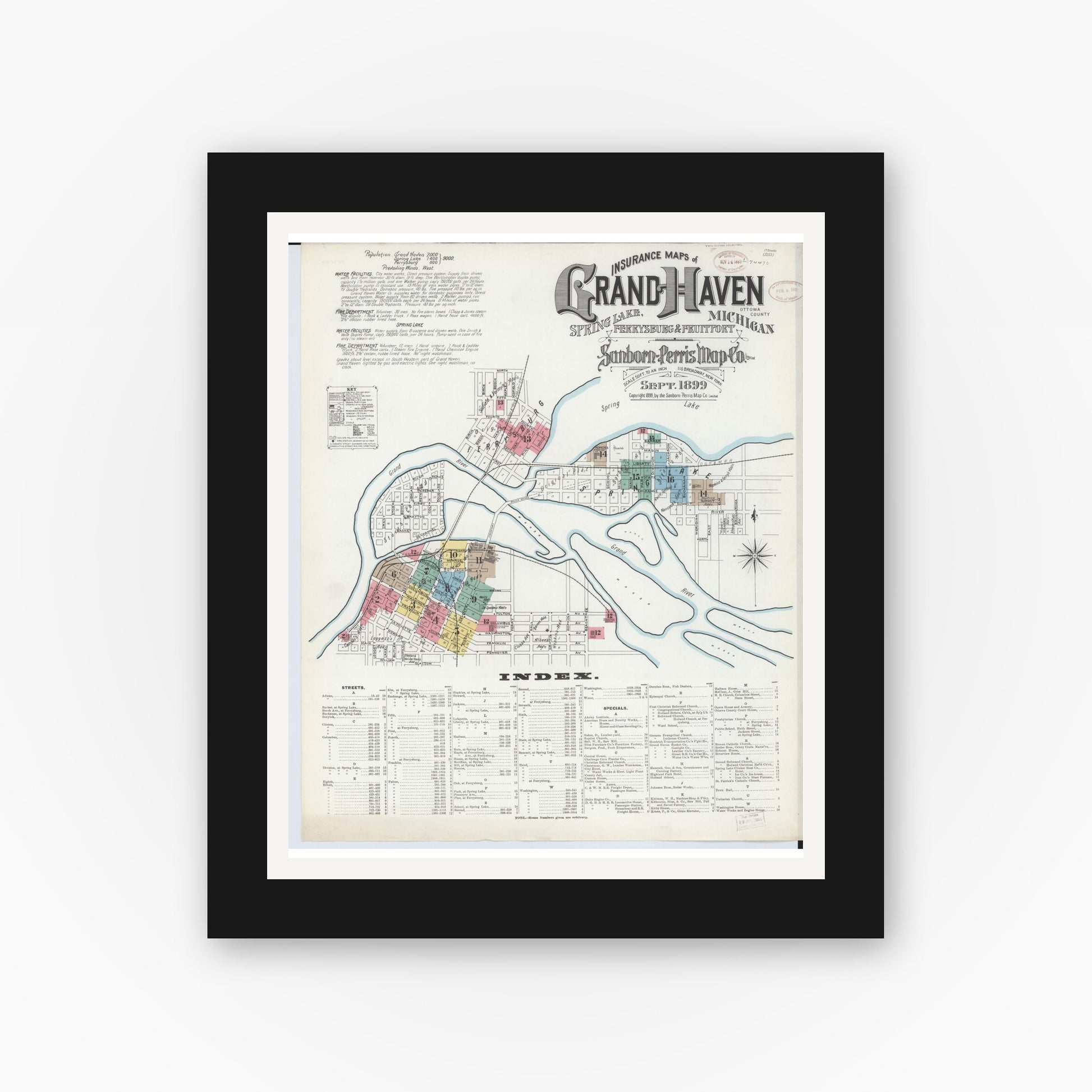 Old map wall art mockup — black gallery frame with white mat — Sanborn Fire Insurance Map from Grand Haven, Ottawa County, Michigan (1899) - Complete Map Set
